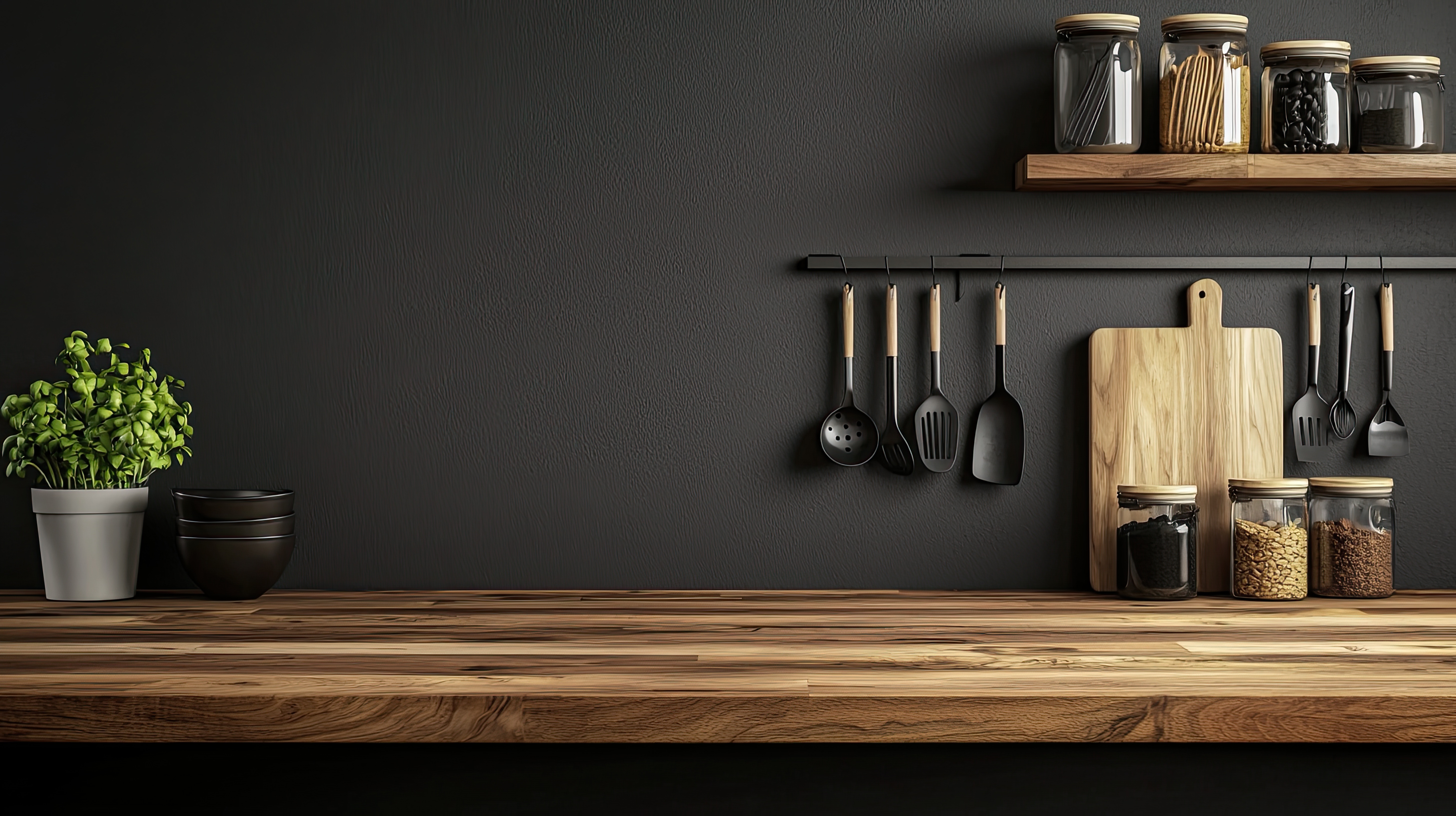 Image d'un comptoir de cuisine et d'ustensiles accrochés au mur